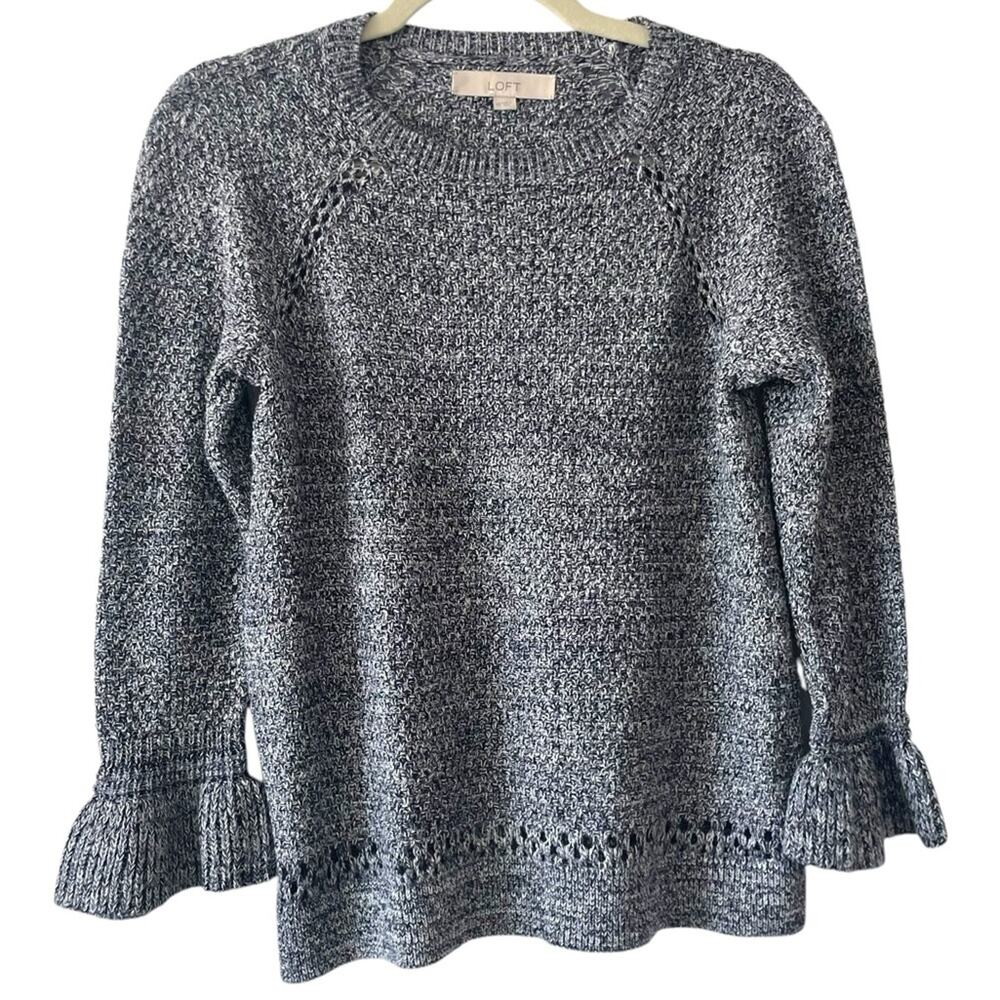 Ann Taylor LOFT Marled Knit Cropped Ruffle Sleeves Sweater | Blue Gray | XS